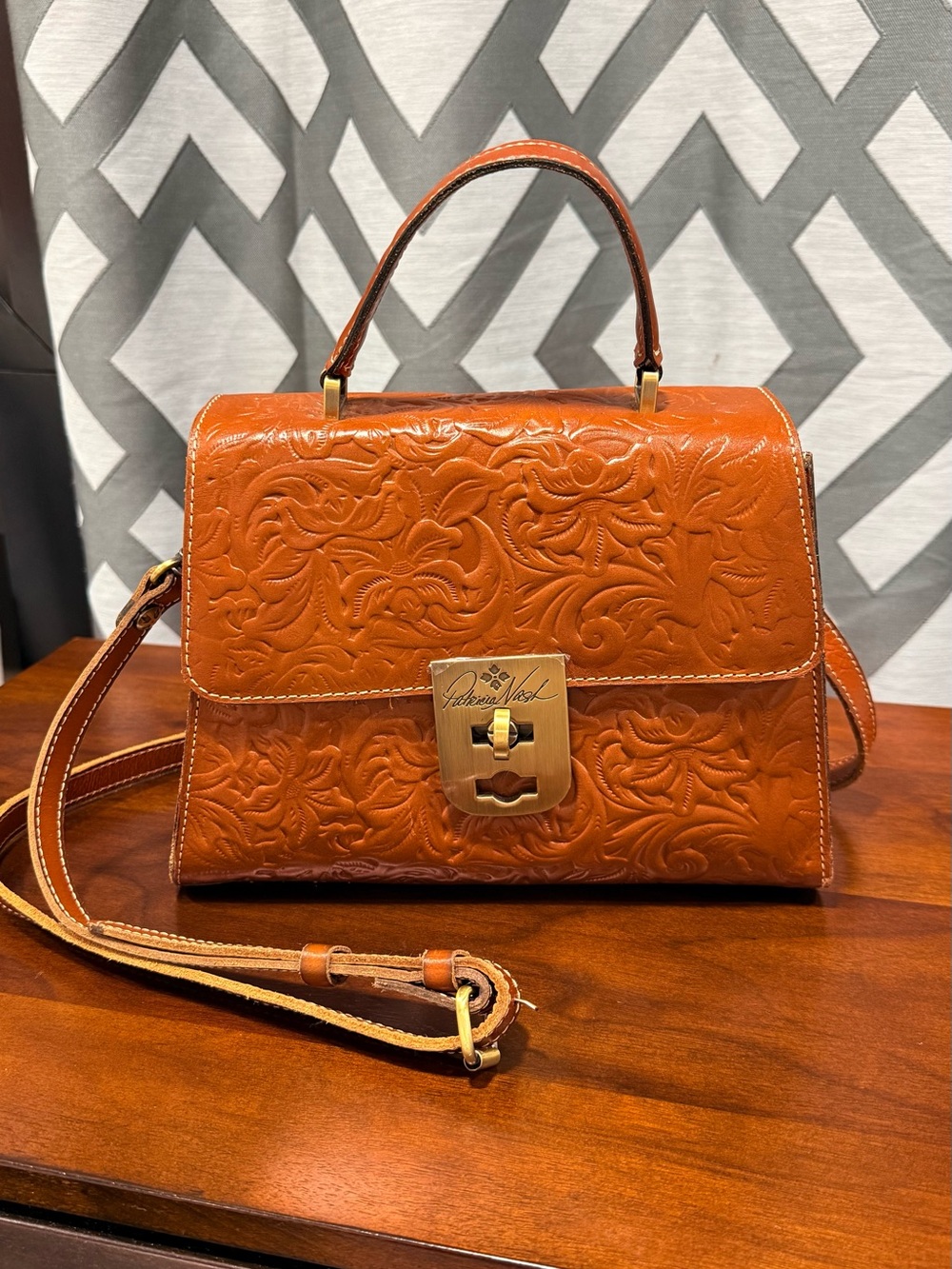 Patricia Nash Embossed Leather Satchel - Cognac